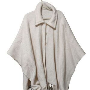 UAB Tekstile 100% wool scarf shawl cape poncho OSFM button collar fringe ivory